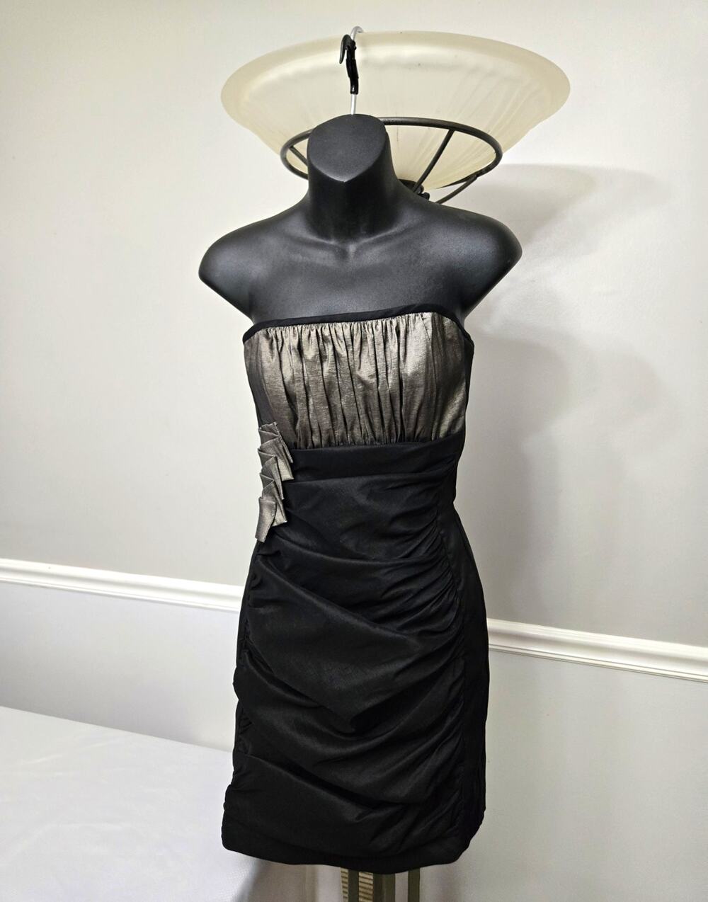 Jessica McClintock Black Silver Strapless Satin Ruched Sheath Dress 8